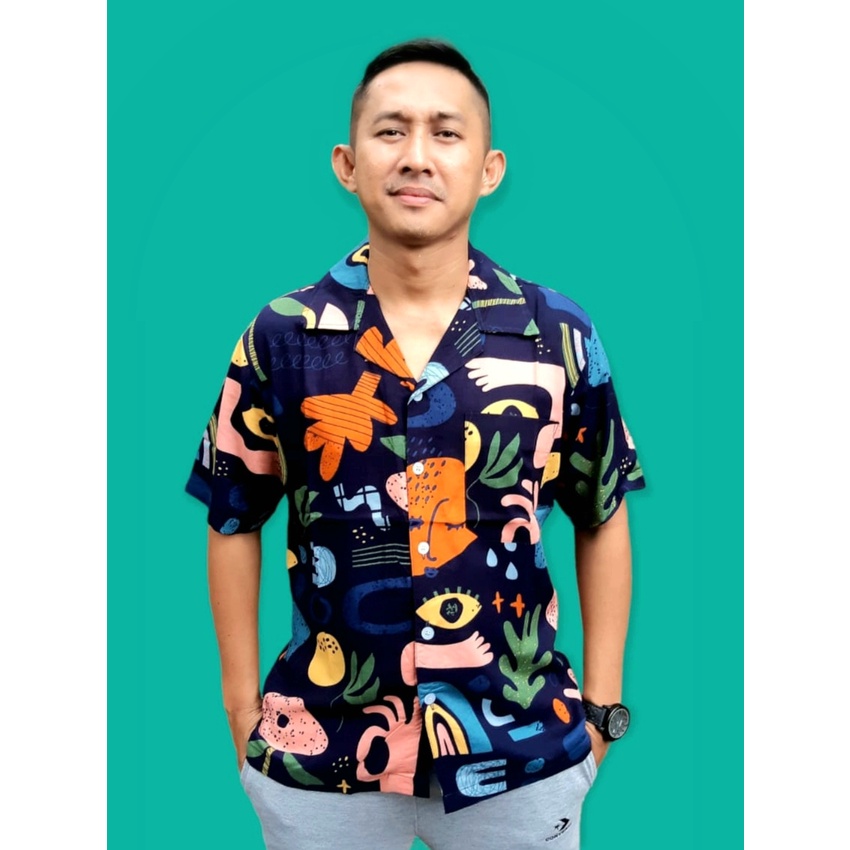 ARKANA - Kemeja Hawaiian Pria Slimfit Printing Bahan Katun Rayon Premium | Kemeja Pantai Pria - Navy