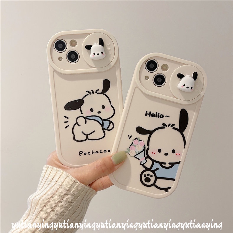 IPHONE Pasangan Lucu Pochacco Case Kompatibel Untuk Iphone11 13 12 Pro MAX Xr7 8 Plus X XS MAX Lembut TPU Kartun 3D Boneka Push Pull Jendela Penutup Perlindungan Lensa Kamera