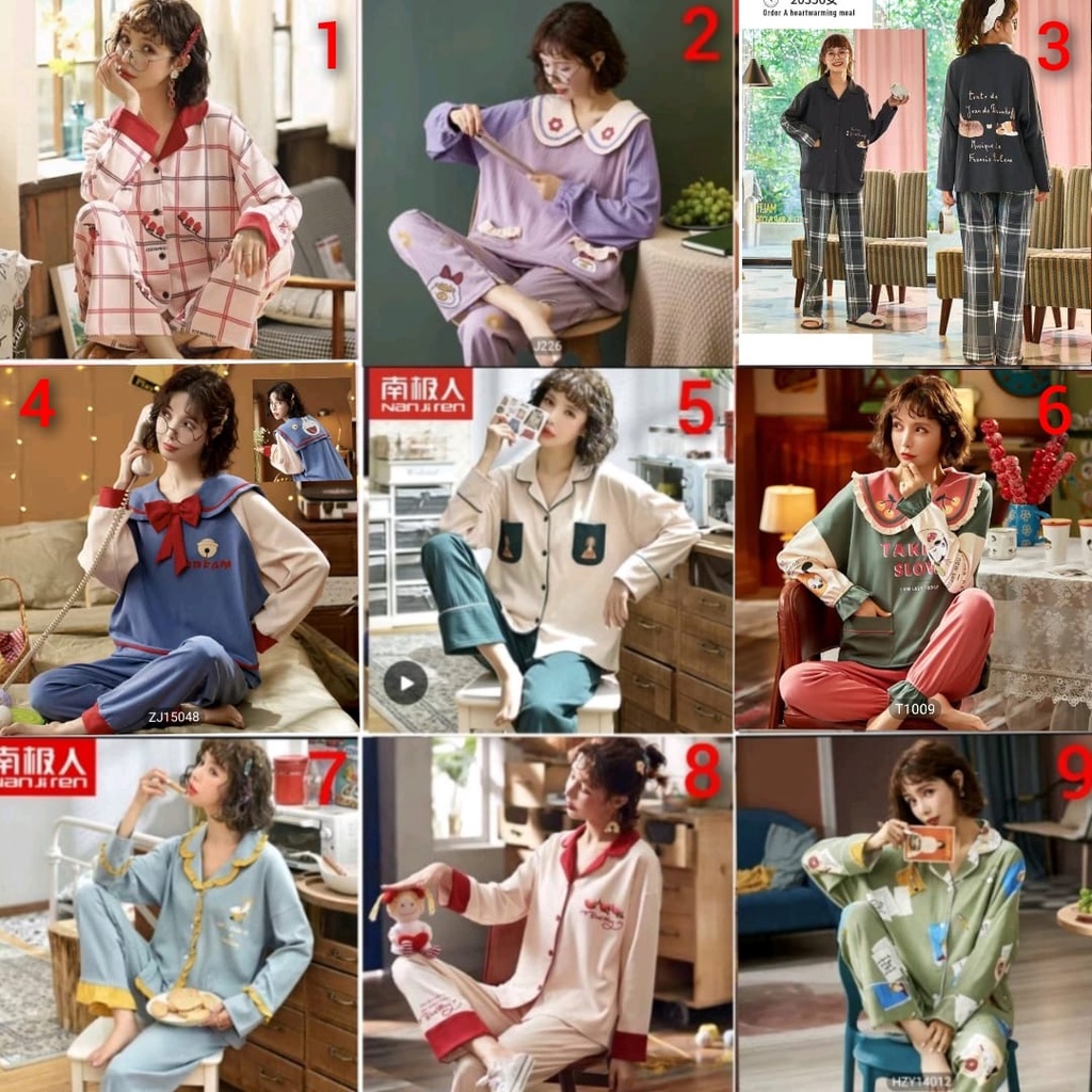 SETELAN SETCEL ONE SET PIYAMA BAJU TIDUR WANITA KOREA PP KATUN IMPORT LENGAN PANJANG PREMIUM MOTIF B