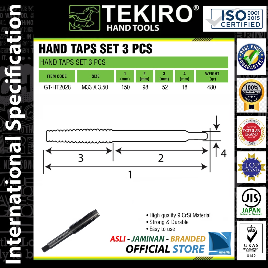 Pembuat Drat Isi 1 Mata Tap M33 x 3.5 mm Bahan 9CrSi Keras Mur Baut Presisi - Hand Tap Set TEKIRO