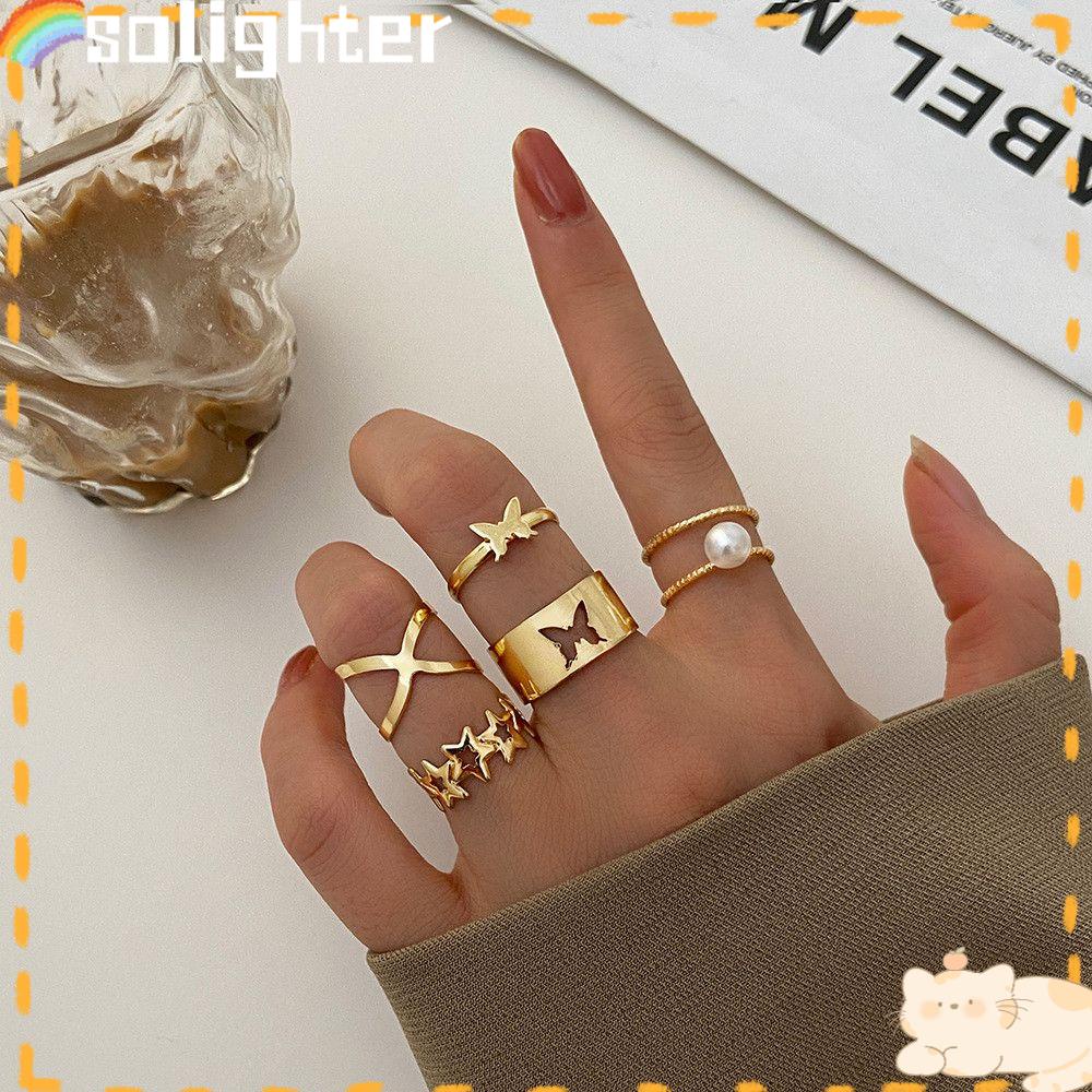 Solighter 5pcs/Set Cincin Mutiara Set Wanita Perhiasan Emas Fashion Alloy Butterfly