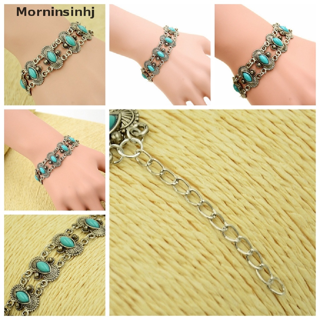 Mornin Sexy Bohemian Fashion Wanita Perak Turquoise Bangle Gelang Pergelangan Tangan Band Perhiasan id