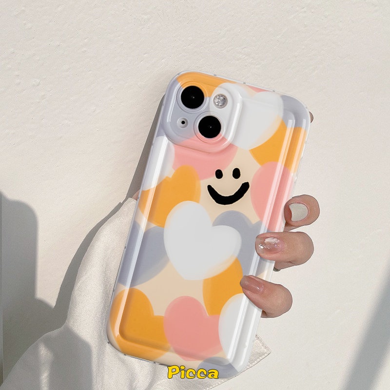 IPHONE Kartun Lucu Smiley Case Kompatibel Untuk Iphone14 11 13 12 Pro MAX XR 6 6S 7 8 Plus X XS MAX Warna-Warni Cinta Hati Lembut TPU Shockproof Airbag Pelindung Kamera Silicon Back Cover