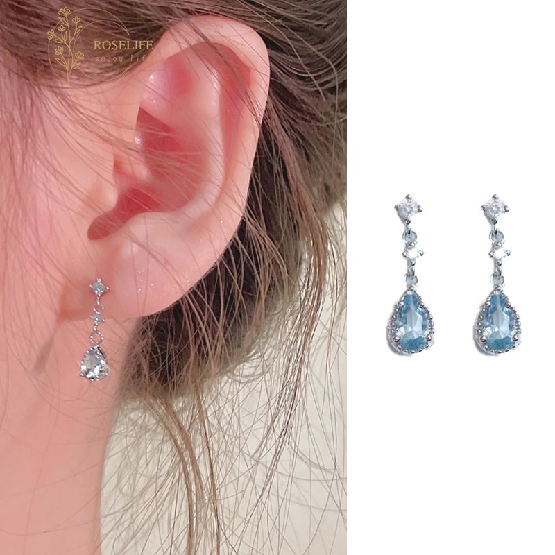 Roselife Elegan Biru Zirkon Tetesan Air Menjuntai Anting Wanita Perempuan Mewah Bersinar Mermaid Tears Earring Untuk Pesta Pernikahan Pertunangan