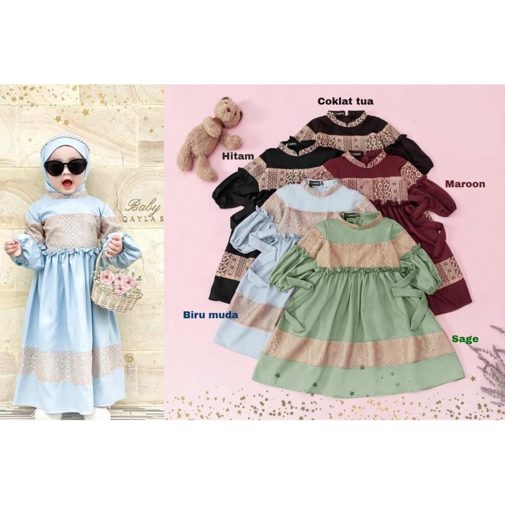 3 UKURAN S M L SYARI KID SURI FASHION PAKAIAN MUSLIM ANAK PEREMPUAN BAHAN MOSCREPE APLIKASI RENDA MR