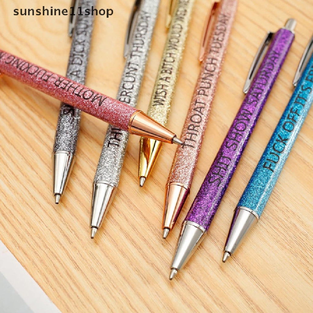 Sho 7pcs Pulpen Ballpoint Lucu Novelty Daily Pen Set, Gifta Kantor Ofensif, Weekday Vibes Glitter Pen Set N