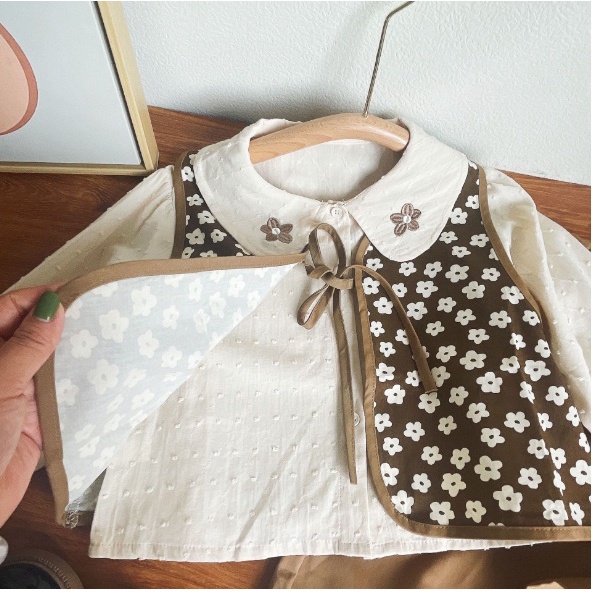 SETELAN 3 IN 1 ANAK CEWEK MODEL ROMPI BUNGA CREAM BAJU ADA MOTIF CELANA UJUNG BUNGA PANTS SIZE 100-140