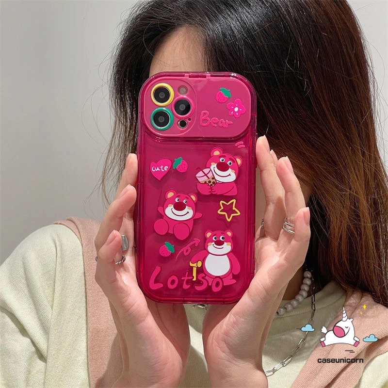 IPHONE Kartun Lucu Manyo Strawberry Bear Phone Case Kompatibel Untuk Iphone11 13 12 14 Pro Max7 8 14 Plus XR X XS MAX SE Kreatif Flip Make Up Cermin Lembut TPU Rose Red Silicon Case