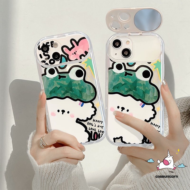 IPHONE Casing Ponsel Cermin Kompatibel Untuk Iphone11 14 13 12 Pro Max7 8 14 Plus XR X XS MAX SE 7plus Kartun Hewan Beruang Lucu Kodok Kelinci Anjing Kreatif Flip Make Up Cermin Lembut TPU Cover