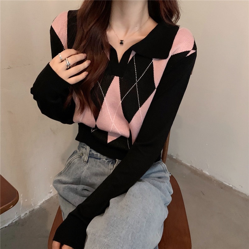 sweater rajut belah ketupat retro korea longgar wanita