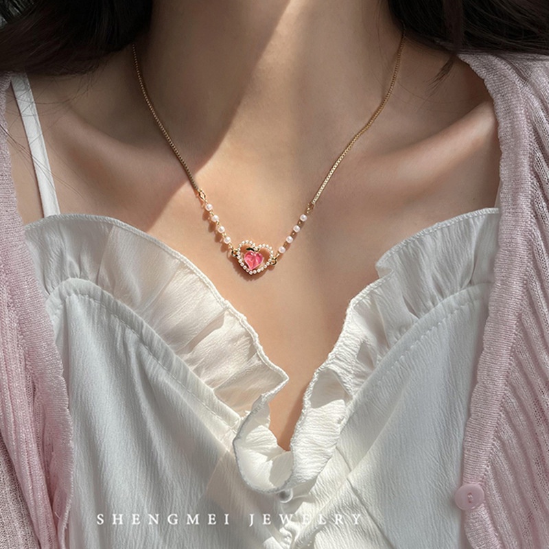 Kalung Gelang Mutiara Peach Lucu Rantai Hati Warna Emas Untuk Aksesoris Perhiasan Fashion Wanita