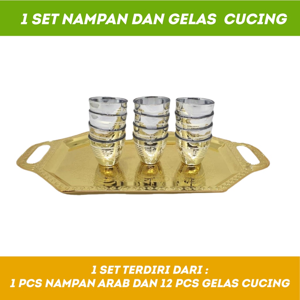 Paket 1 Set Gelas air Zamzam Silver Gold kaca 12 Pcs Plus 1 Nampan Baki Gold Arab dan Gelas Cucing Arab Emas Premium