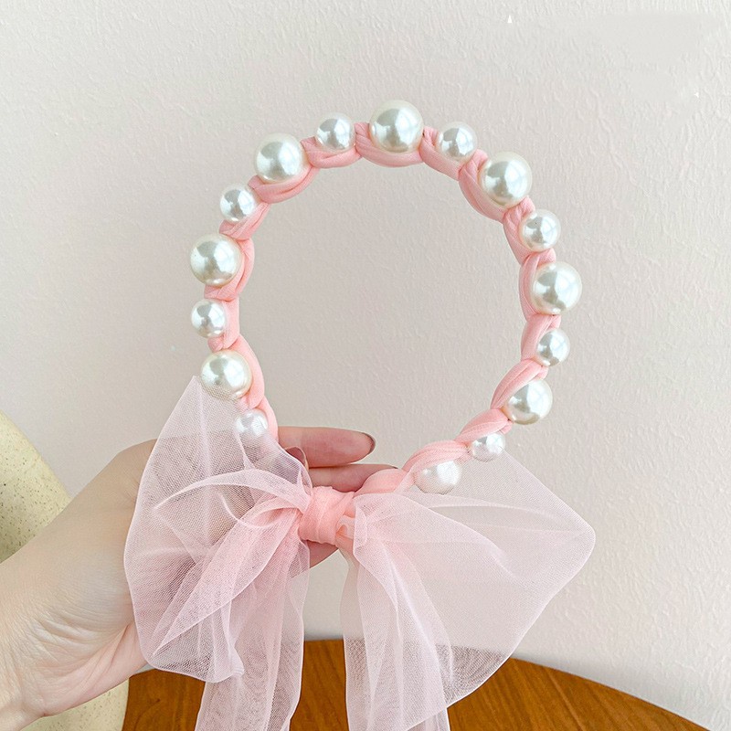 Bando Mutiara Anak  Bandana Mutiara Pita Tulle Panjang Bisa diikat Gaya Korea