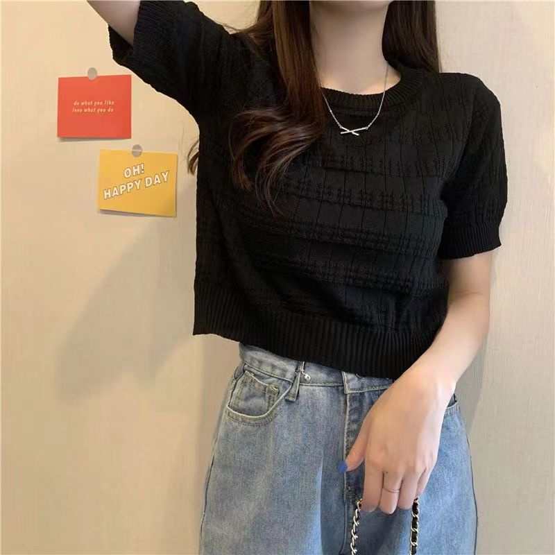 Knit Crop Top Lengan Pendek Wanita Baju Salur Outfit Korea