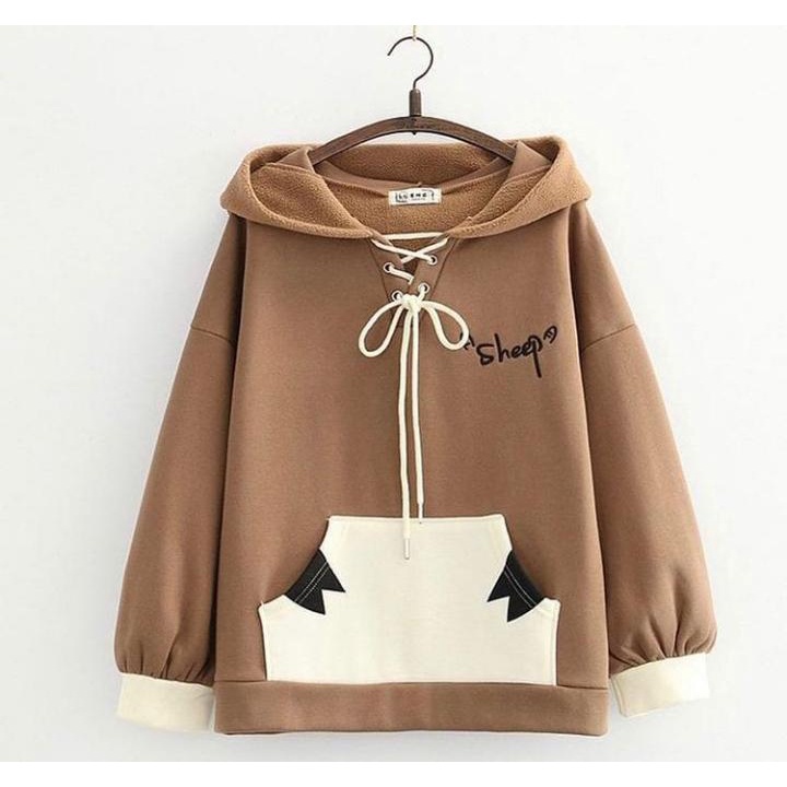 Sweater Wanita Lucu SHEEP HOODIE Kupluk Karakter Atasan Jacket Korean Fashion Outfit Gaya Kasual