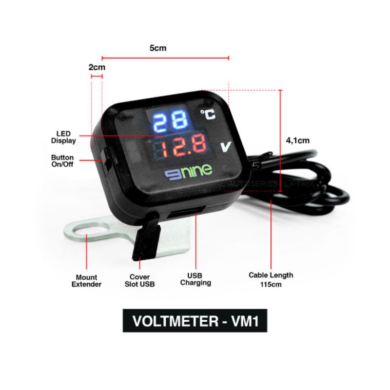 NINE VOLMETER VM1 SPION 3 IN 1 USB CHARGER VOLMETER, USB, SUHU UNINERSAL WATERPROOF MOTOR MOBIL