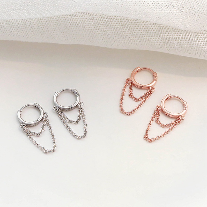 Kepribadian Fashion925 Sterling Perak Hoop Double Layer Rantai Anting Untuk Wanita Harian Kasual Pesta Punk Perhiasan Hadiah