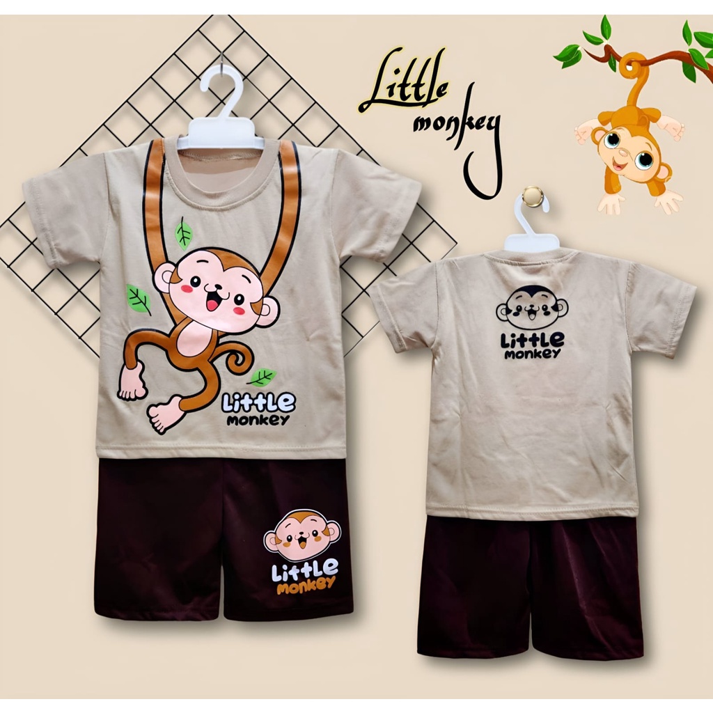 SETELAN BAJU ANAK LITTLE MONKEY LENGAN PENDEK UNTUK ANAK 2-10 TAHUN