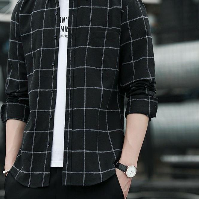 ◙ kemeja flannel pria dasar hitam garis putih ←