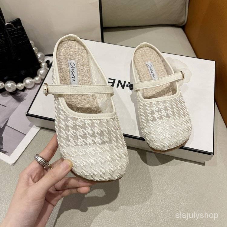 #Sisjuly# Renda dibungkus kepala setengah sandal sandal wanita baru grid burung baru bagian bawah le