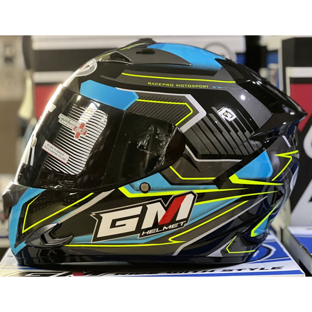 Helm GM Race Pro Tuner Black Blue Glossy Full Face Single Visor Smoke Helem Motor SNI Touring Dewasa