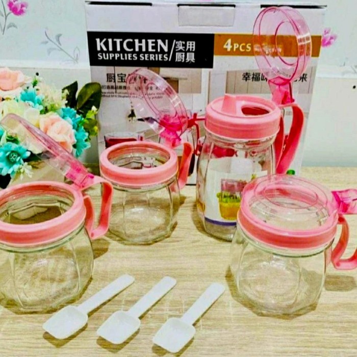 Tempat Panci Minyak Tempat Bumbu Dapur Kaca Set 4 in 1 - Oil Pot 4pcs M-434