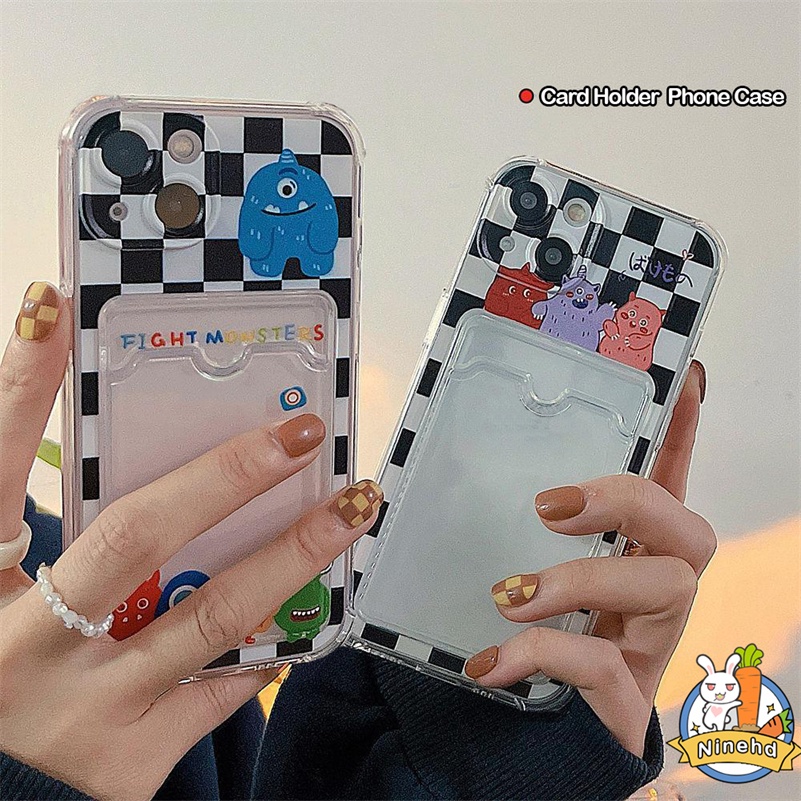 Case Tas Kartu Bening Kompatibel Untuk Iphone14 13 12 11 Pro Max X Xr Xs Max SE iPhone 8 7 6 6s Plus Monster Kecil Anti Jatuh Card Holder Tas Kartu Phone Case Bening Cover Pelindung