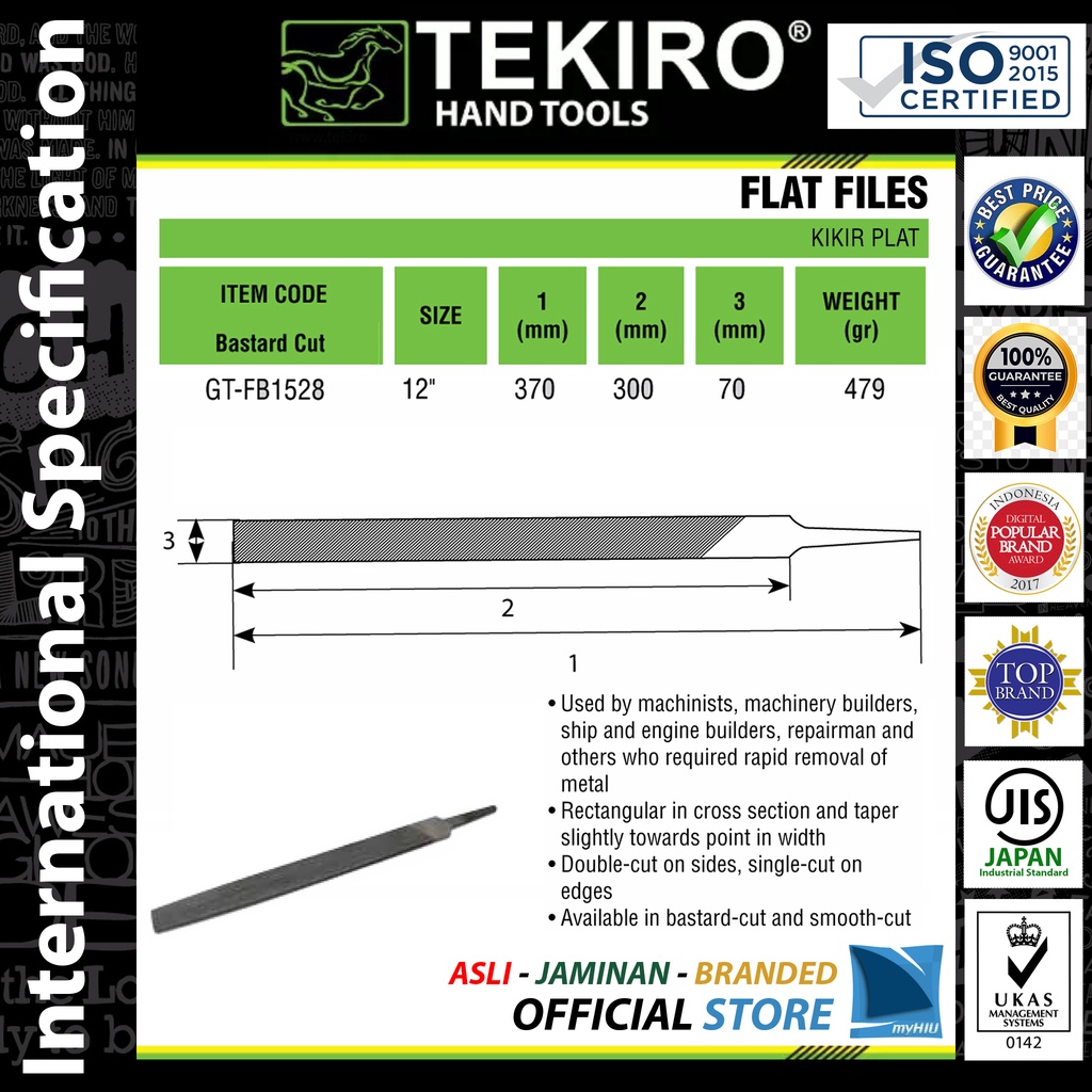 Kikir Plat 6&quot; inch ~ 12&quot; inch Kasar atau Halus / Bastard / Smooth Flat Files TEKIRO