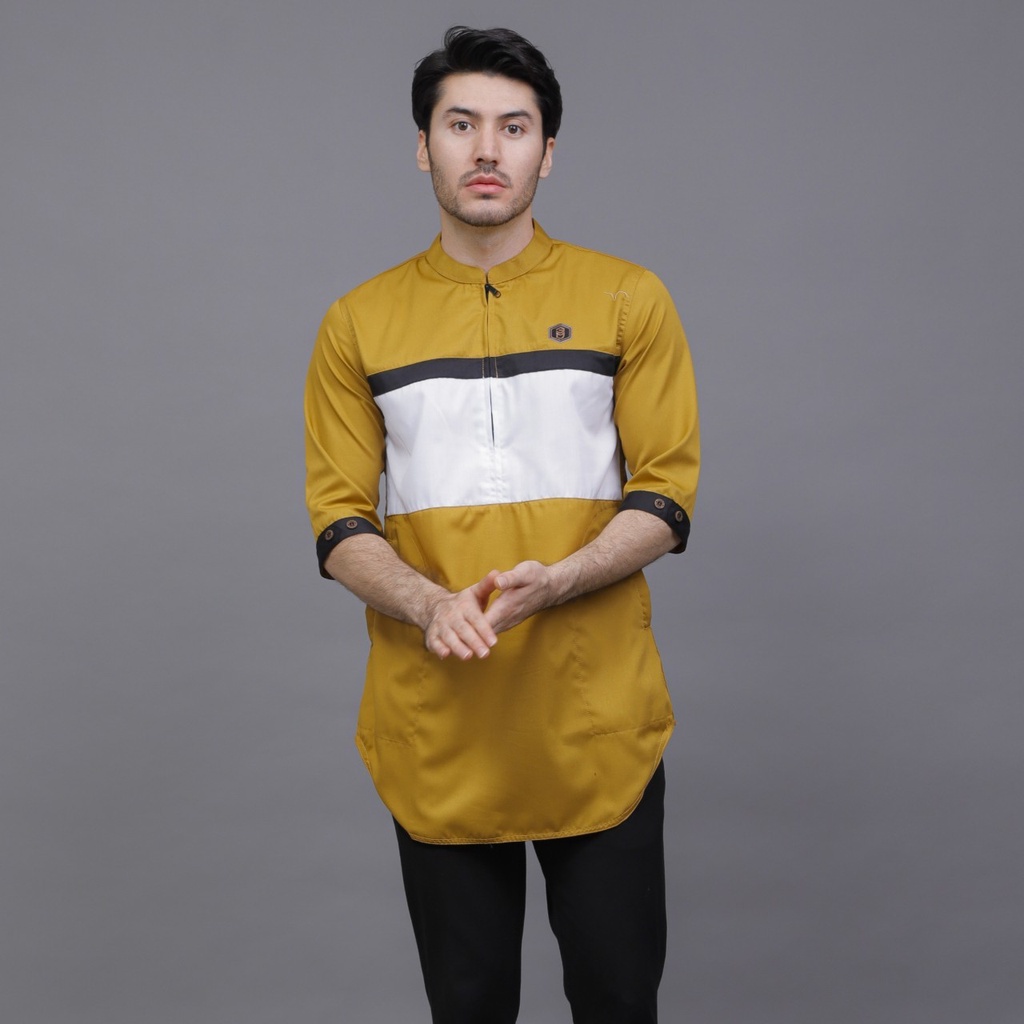 PROGRESS MAN Baju Muslim Pria Dewasa Premium  Kurta Koko Cowok Original Lengan Tiga Perempat kurta Pakistan Terbaru Lebaran 2023 Warna KUNING