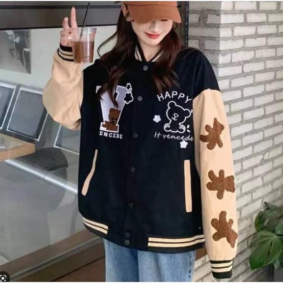 Happy Vencede Jacket Baseball Varsity V HAPPY BEAR Pria Wanita Korean Style