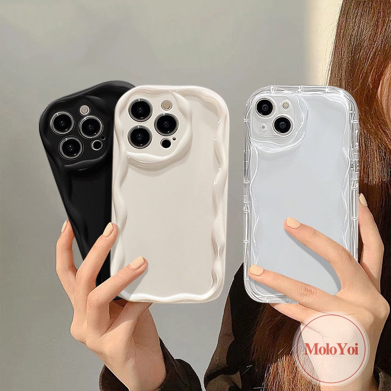 Casing Ponsel GlossyCushion Halus Kompatibel Untuk iPhone 7plus XR 11 12 13 14 Pro MAX X XS MAX 7 8 Plus SE 2020 Fashion Bingkai Gelombang Cat Air Sederhana Tepi Bergelombang Casing Lembut Tahan Guncangan