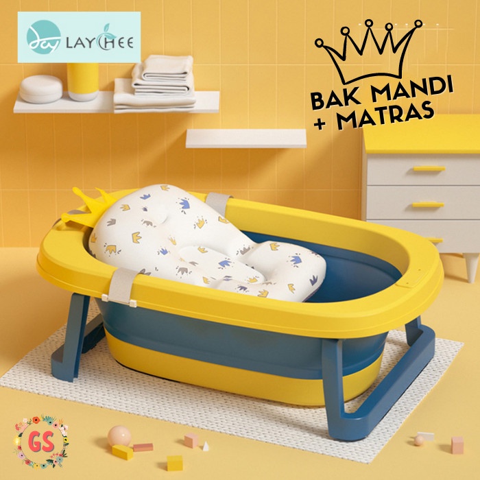 Terlaris Laychee - Bak Mandi Bayi Lipat Jumbo + Matras / Crown Baby Bathtub