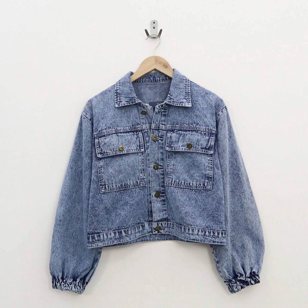 Jaket Jeans Wanita Oversize Lengan Balon Lengan Karet Vintage Jaket Saku Kotak