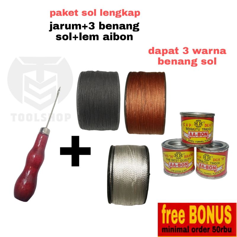 Paket Sol Jarum + Benang Nilon 3 warna + Lem aibon