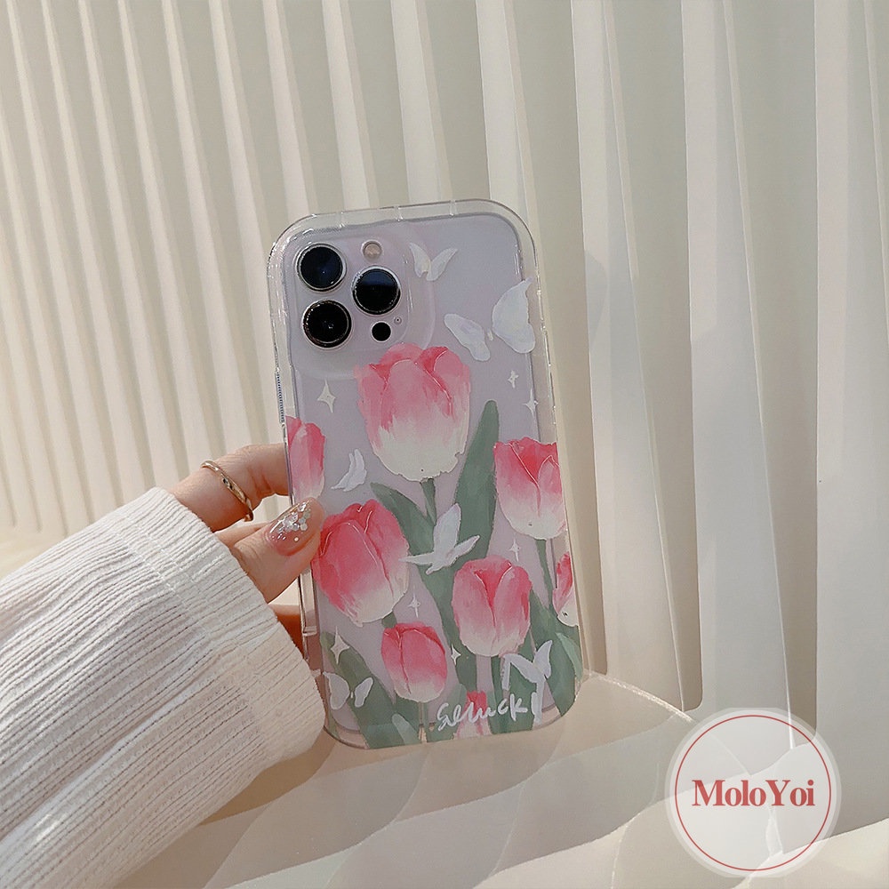 IPHONE Airbag Case Kompatibel Untuk Iphone14 11 6 6S 7 8 Plus 13 12 Pro MAX XR X XS MAX Fashion Segar Musim Semi Bunga Tulip Kupu-Kupu Shockproof Lembut TPU Phone Case