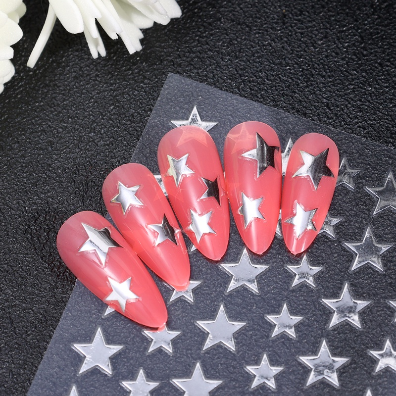 1lembar Silver Star Nail Art Stiker/Self Adhesive Slider Polish Nail Decal/DIY Sparkling Lima-pointed Manicure Patch Makeup Tools