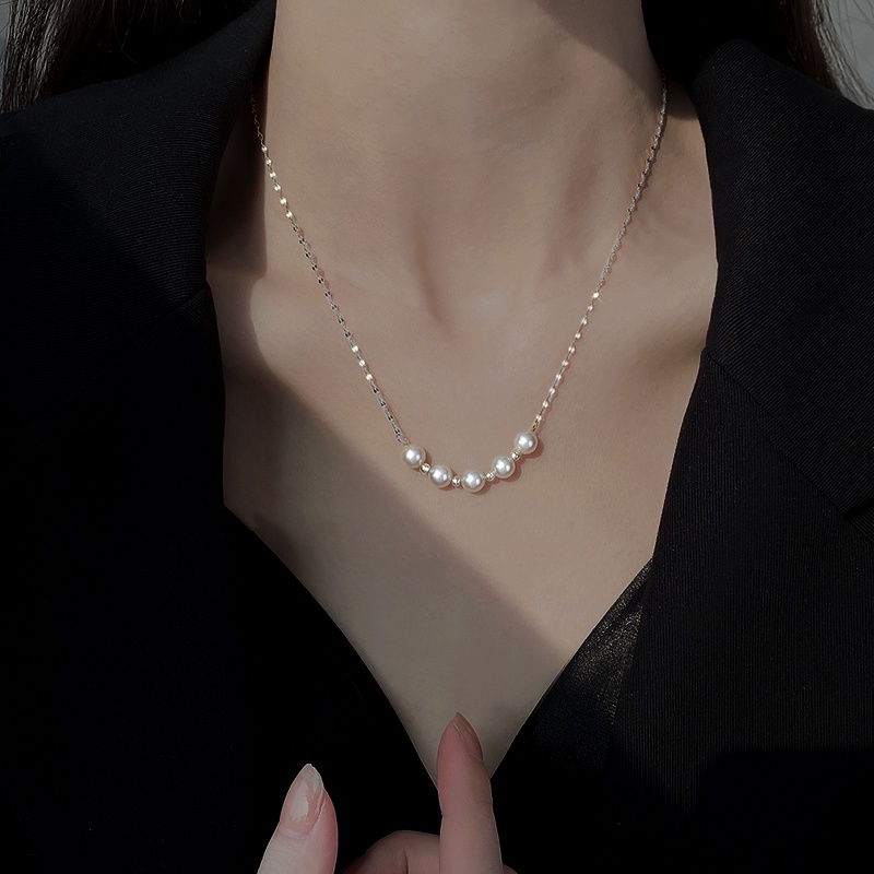 Kalung Titanium Tahan Karat Tidak Luntur Emas 18K Wanita Mutiara Manik-Manik Aksesori