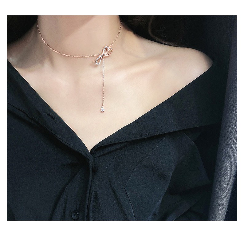 Kalung Model Rumbai Bahan 925 Sterling Silver | Kalung Rantai Dengan Liontin Pita Untuk Wanita | Aksesoris Emas 18k Untuk Wanita