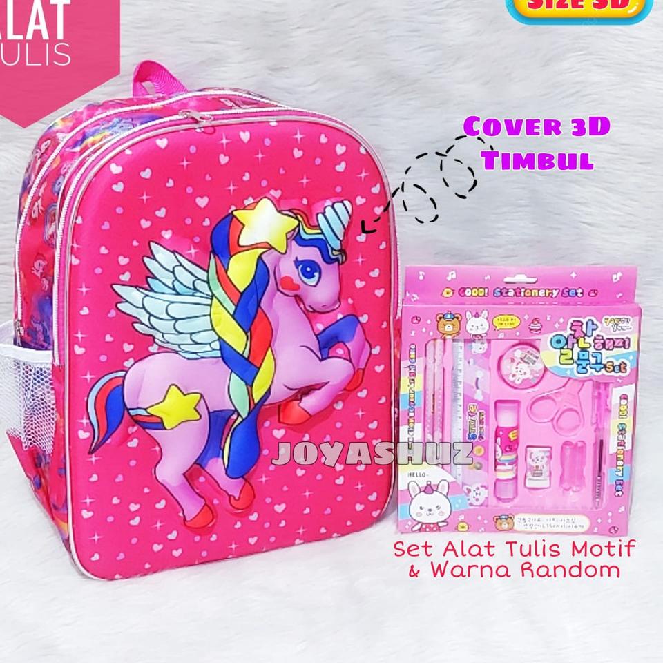 ☝ Tas Sekolah Anak Unicorn 3 Dimensi Gratis Set Alat Tulis / Ransel Unicorn / Tas Karakter Anak ➣