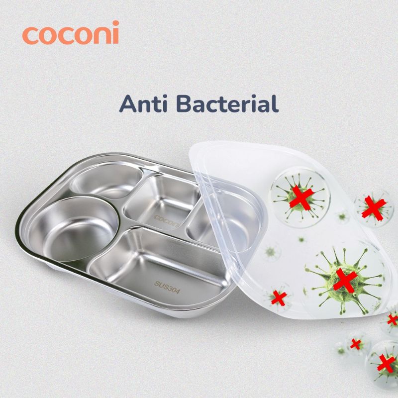 Coconi Premium Stainless Steel Plate Food Tray With Lid / Piring Makan Anak Sekat Stainless