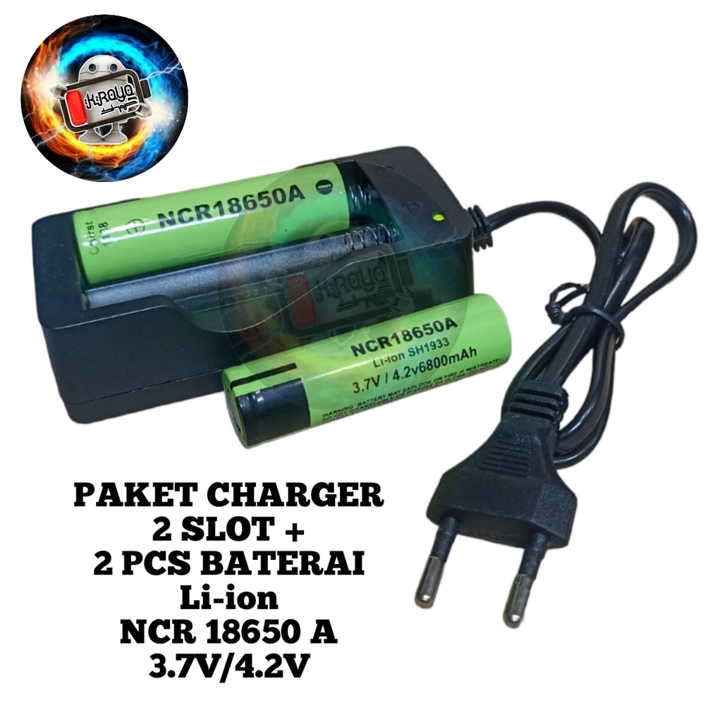 Paket Charger 4.2V-1000mA + 2pcs Baterai Lithium NCR 18650 A Li-ION 3.7V - 6800mAh Hijau