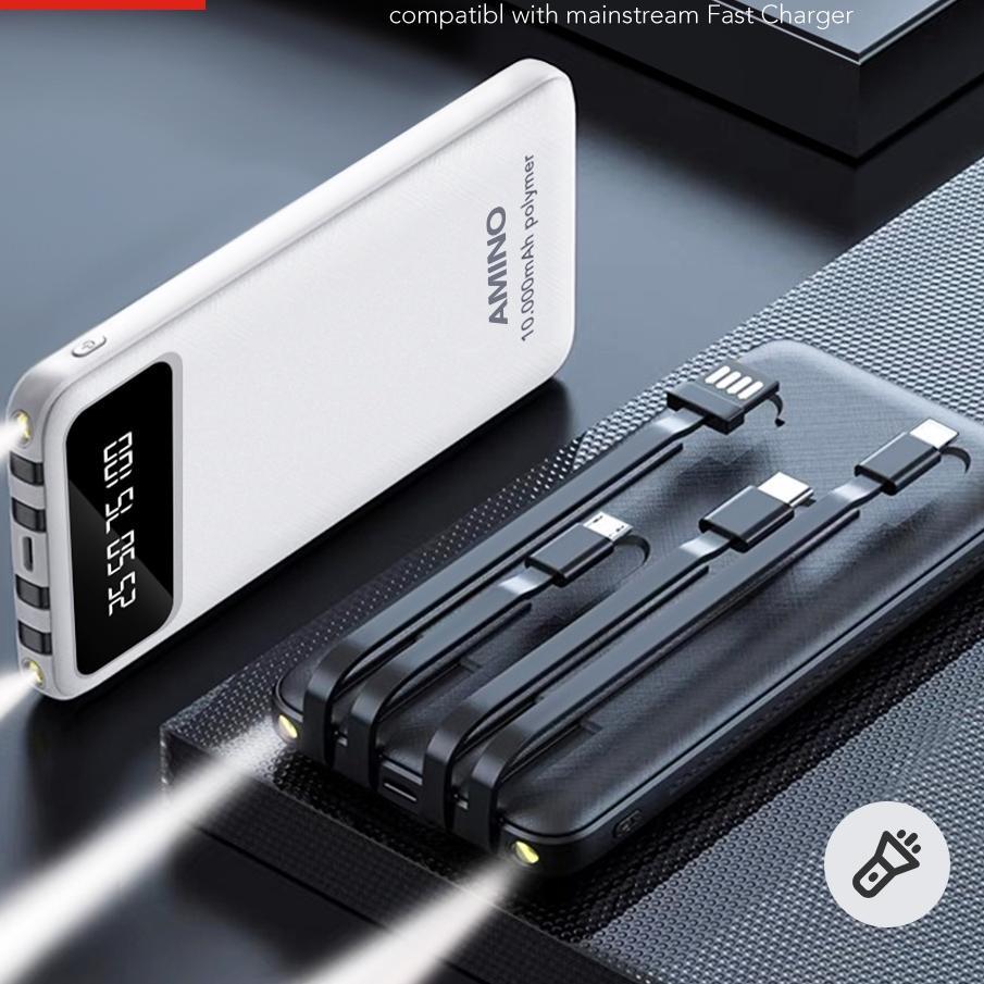 RCH632 AMINO P4 Powerbank 10000 mAh Power Bank 2A Built in Cable Fast Charging 4 Output 2 Input LED 