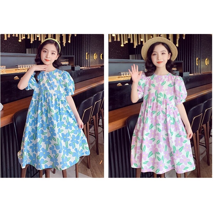 DRESS Anak cewek import 5TH-14TH TERUSAN DRESS BUNGA BIRU UNGU- ANEKAMOTIF ANAK TANGGUNG