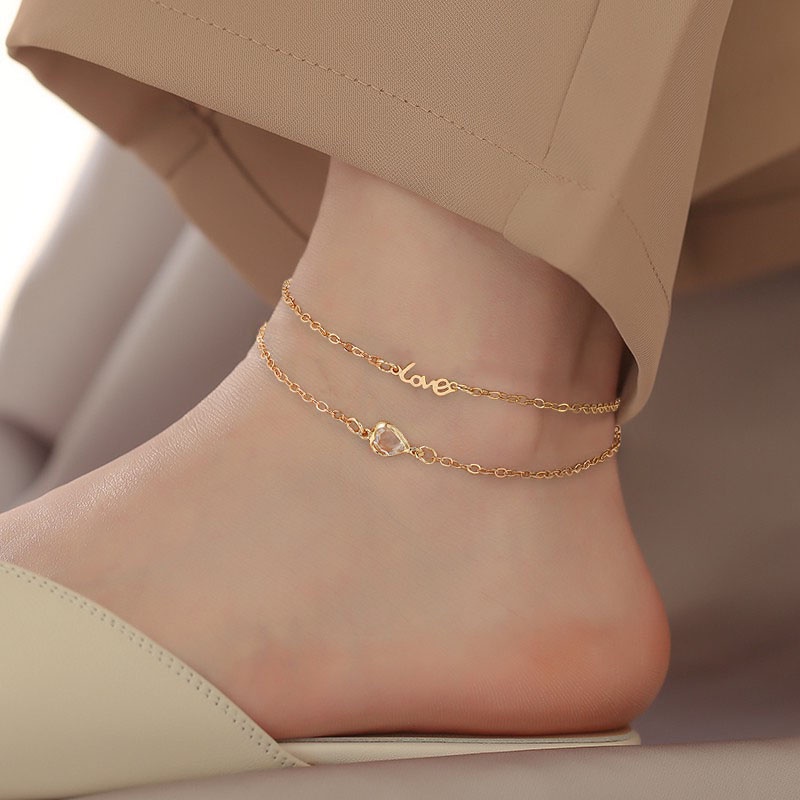 Wanita Cinta Gelang Kaki Temperamen Double-deck Kristal Jantung Kaki Rantai Liburan Ankle Perhiasan Hadiah