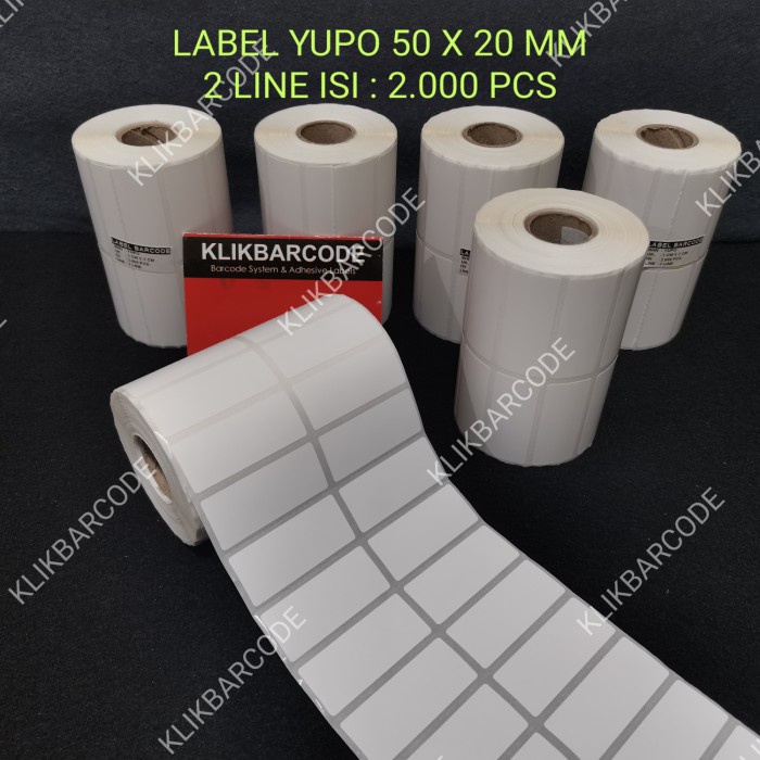 

MURAH yupo 50x20mm 2line 2000pcs gap3mm,core1" perforasi , label Barcode MURAH