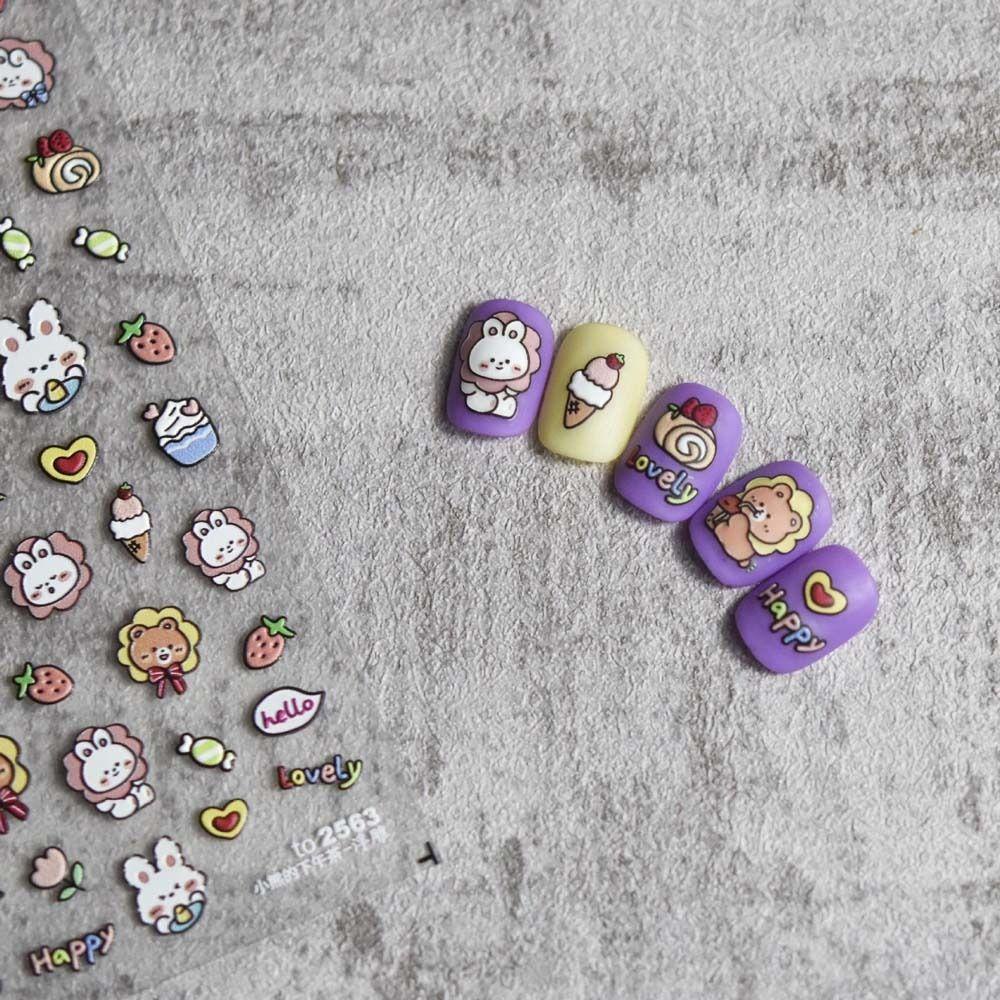 AUGUSTINA Agustina Kartun Stiker Kuku Wanita 5D Relief Manikur Aksesoris Bunga Perekat Diri Beruang Stiker Kuku