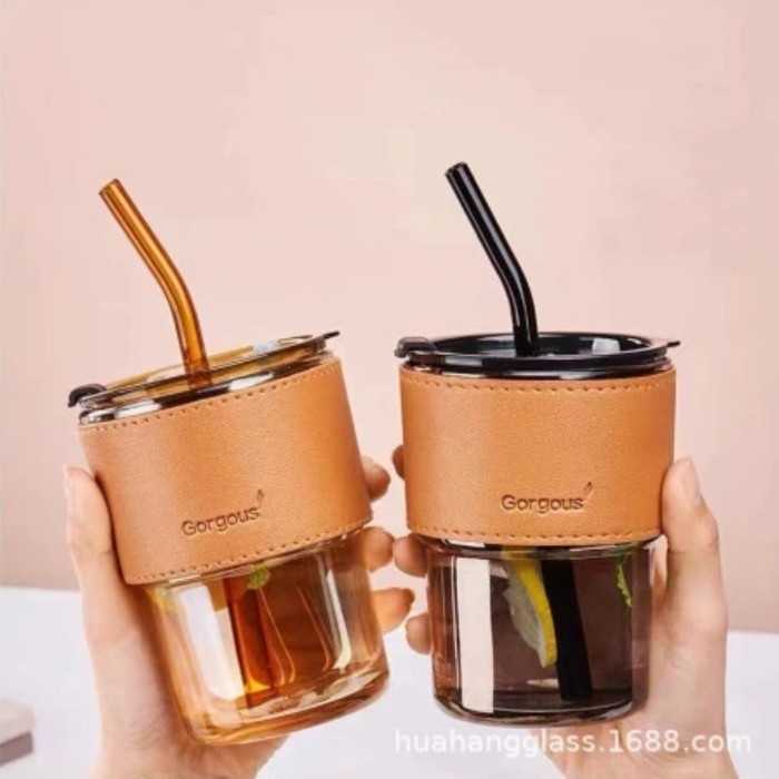 Tumbler Gelas Kaca Vintage Aesthetic Coffee Cup 400 Ml + Sedotan Kaca