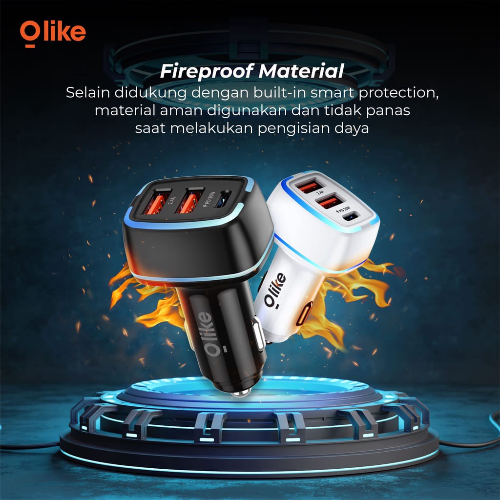 Olike Car Charger Powerful Secure Charging LED Light Power Delivery PD 20 Watt Fireproof Material R3