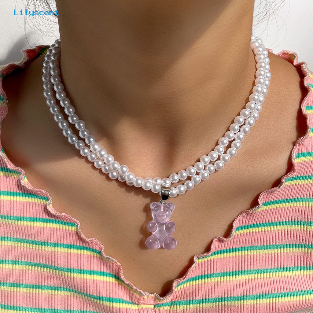 [LS] Liontin Kalung Double Layer Mutiara Imitasi Transparan High Gloss Finishing Terang Leher Dekorasi Aksesori Kreatif Permen Beruang Liontin Manik-Manik Kalung Untuk Pakaian Sehari-Hari