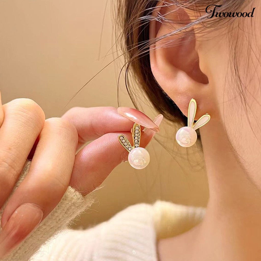 Twowood 1pasang Ear Studs Berlian Imitasi Bertatahkan Dainty Hadiah Hari Valentine High Gloss Faux Pearl Rabbit Kelinci Wanita Anting Perhiasan Fashion